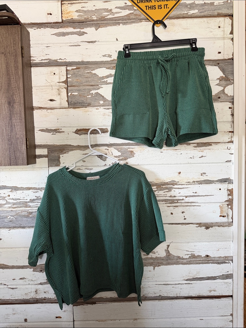 Zenana Outfitters Green Waffle Knit Shorts Set